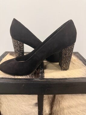 Fergalicious Black Suede Pumps with Glitter Block Heels